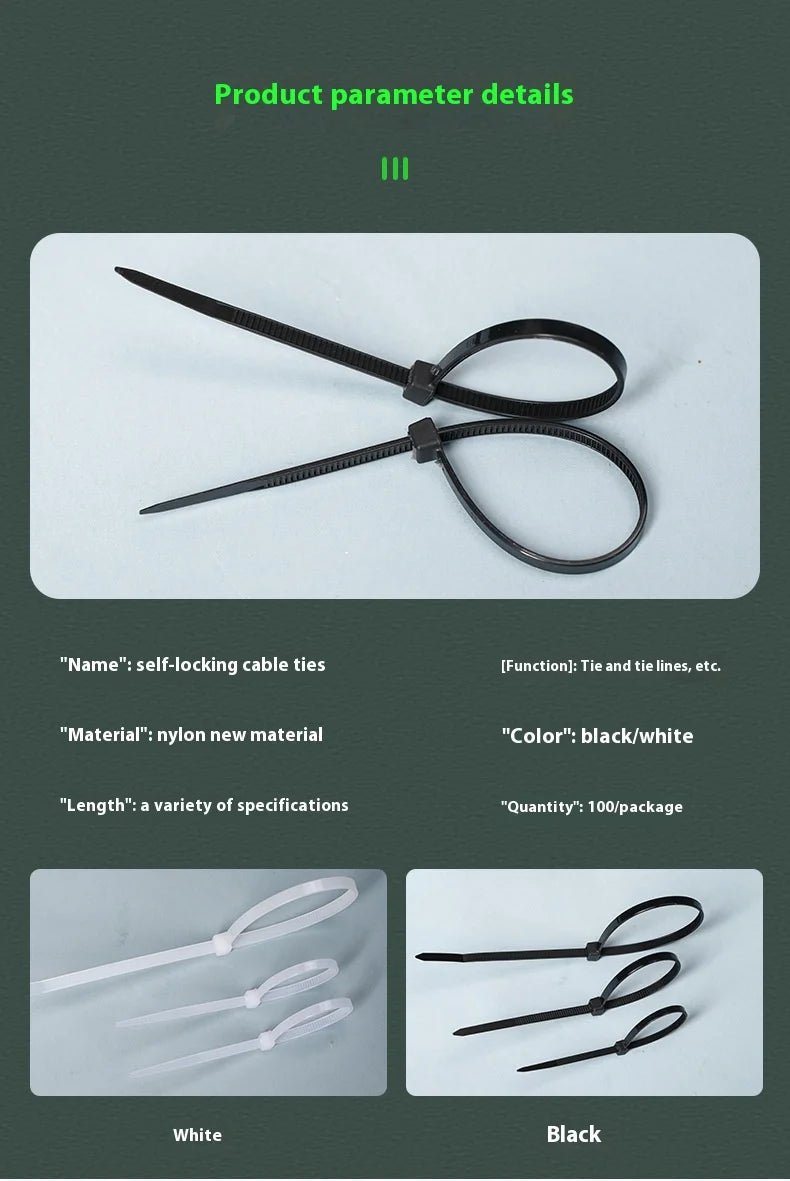 100 PCS Self-locking Plastic Nylon Tie Black Fastening Strap Cable-Tie-Set Cable Zip Tie Fastening Ring Zip Wraps Strap Tie - Cozy & Co. Market
