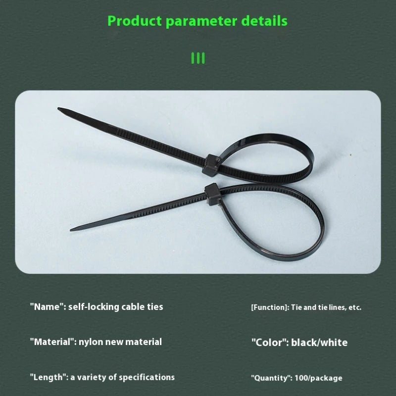 100 PCS Self-locking Plastic Nylon Tie Black Fastening Strap Cable-Tie-Set Cable Zip Tie Fastening Ring Zip Wraps Strap Tie - Cozy & Co. Market