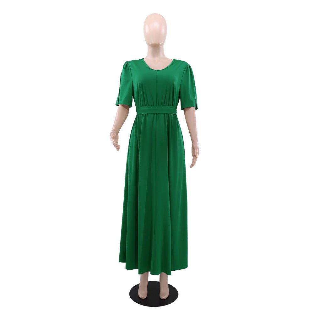 10579 Cross-border European and American High-grade Solid Color Green Round V-neck dress Slimming High Waist Tether Split Sleeve Elegant Long Dress - Cozy & Co. Market