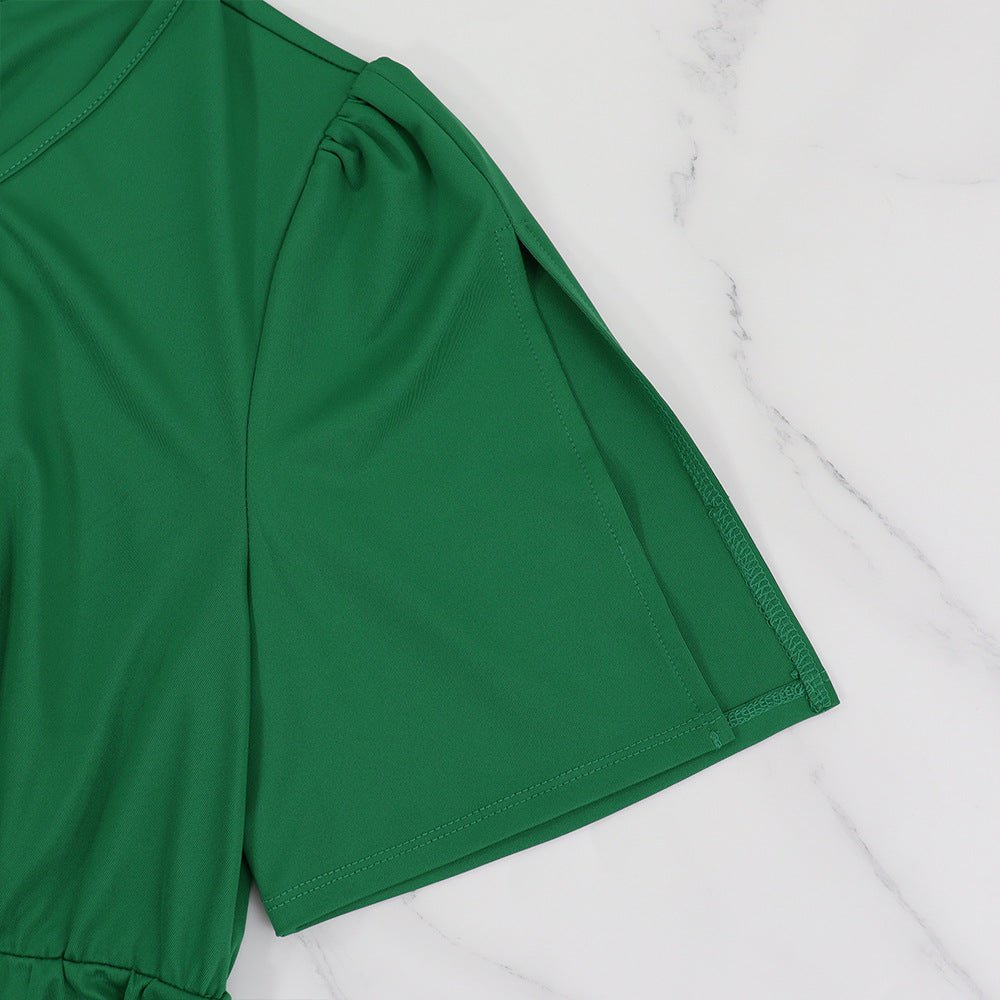 10579 Cross-border European and American High-grade Solid Color Green Round V-neck dress Slimming High Waist Tether Split Sleeve Elegant Long Dress - Cozy & Co. Market