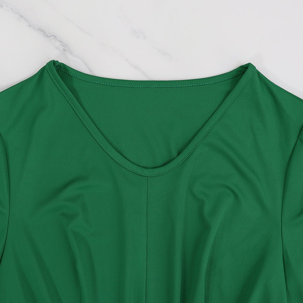 10579 Cross-border European and American High-grade Solid Color Green Round V-neck dress Slimming High Waist Tether Split Sleeve Elegant Long Dress - Cozy & Co. Market