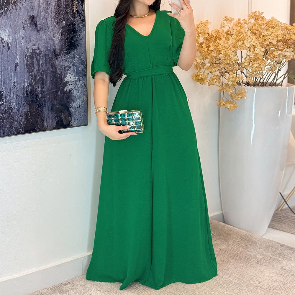 10579 Cross-border European and American High-grade Solid Color Green Round V-neck dress Slimming High Waist Tether Split Sleeve Elegant Long Dress - Cozy & Co. Market