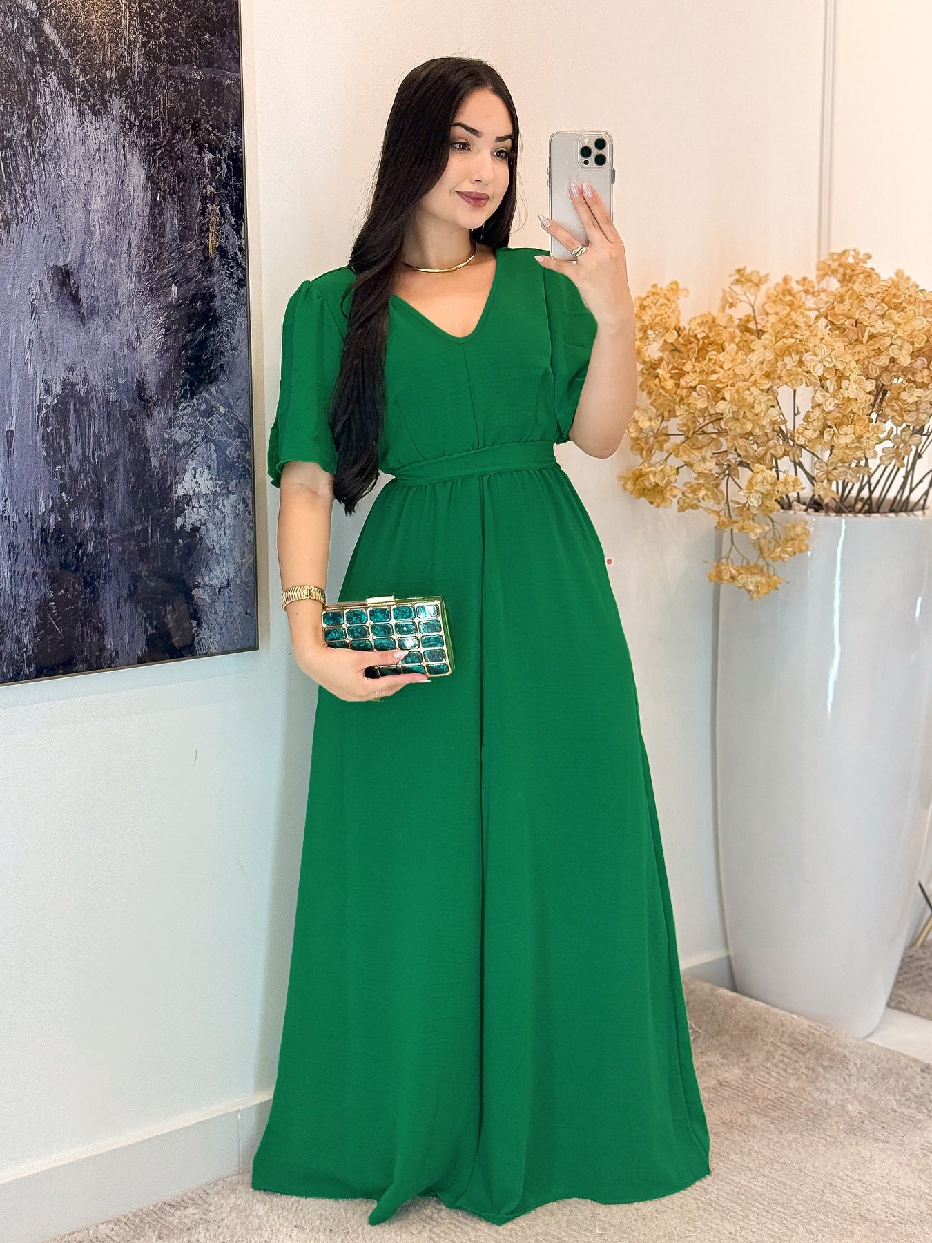 10579 Cross-border European and American High-grade Solid Color Green Round V-neck dress Slimming High Waist Tether Split Sleeve Elegant Long Dress - Cozy & Co. Market