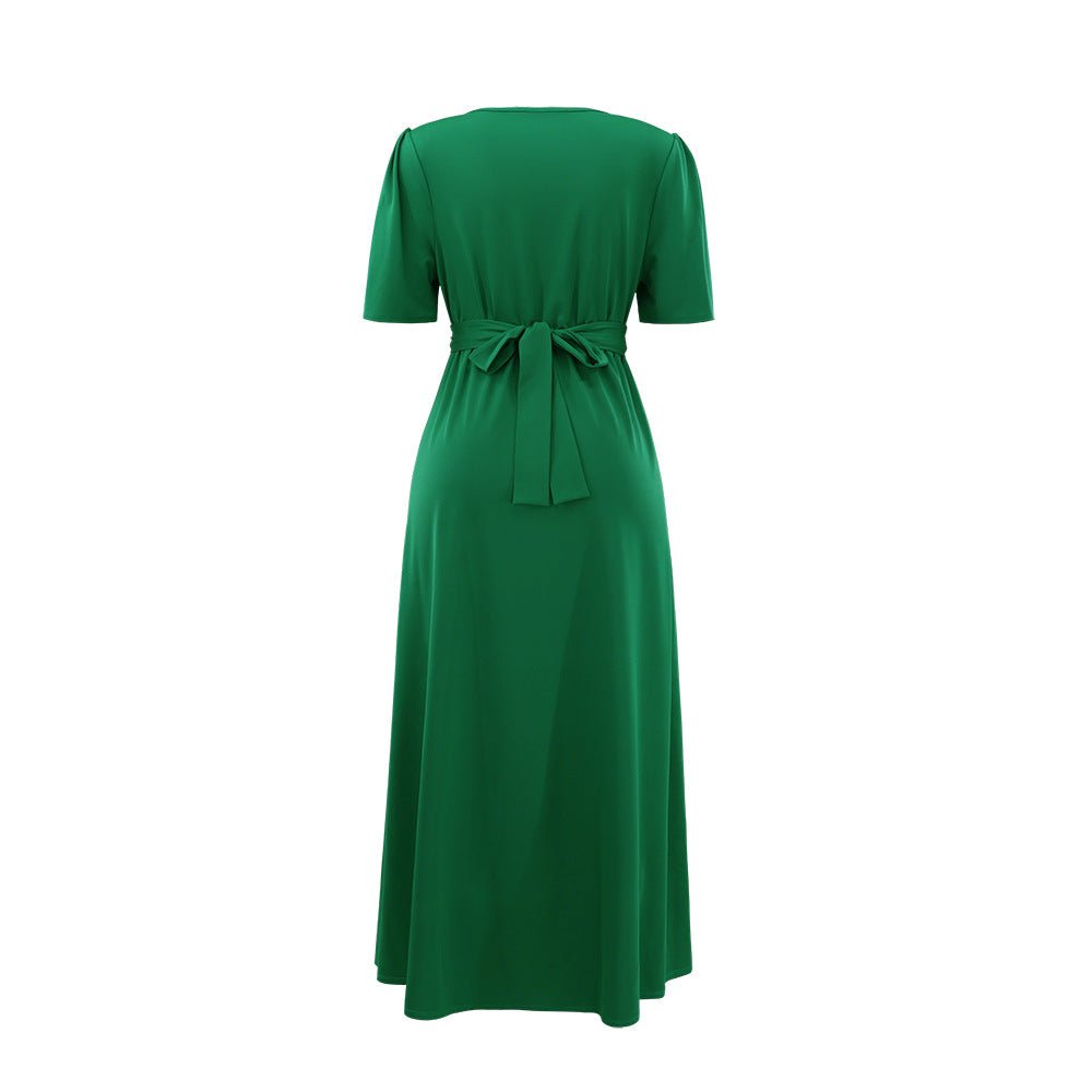 10579 Cross-border European and American High-grade Solid Color Green Round V-neck dress Slimming High Waist Tether Split Sleeve Elegant Long Dress - Cozy & Co. Market