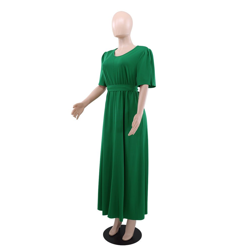 10579 Cross-border European and American High-grade Solid Color Green Round V-neck dress Slimming High Waist Tether Split Sleeve Elegant Long Dress - Cozy & Co. Market