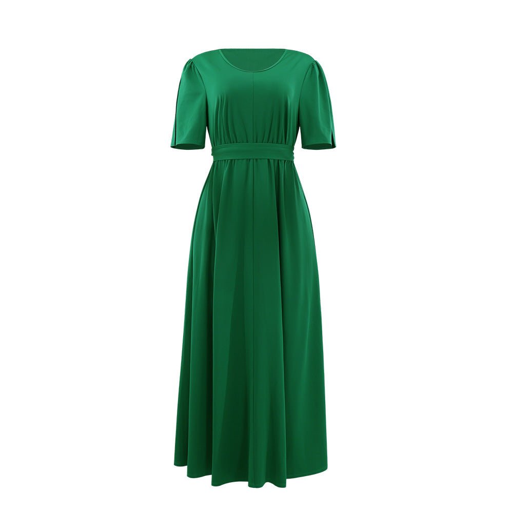 10579 Cross-border European and American High-grade Solid Color Green Round V-neck dress Slimming High Waist Tether Split Sleeve Elegant Long Dress - Cozy & Co. Market