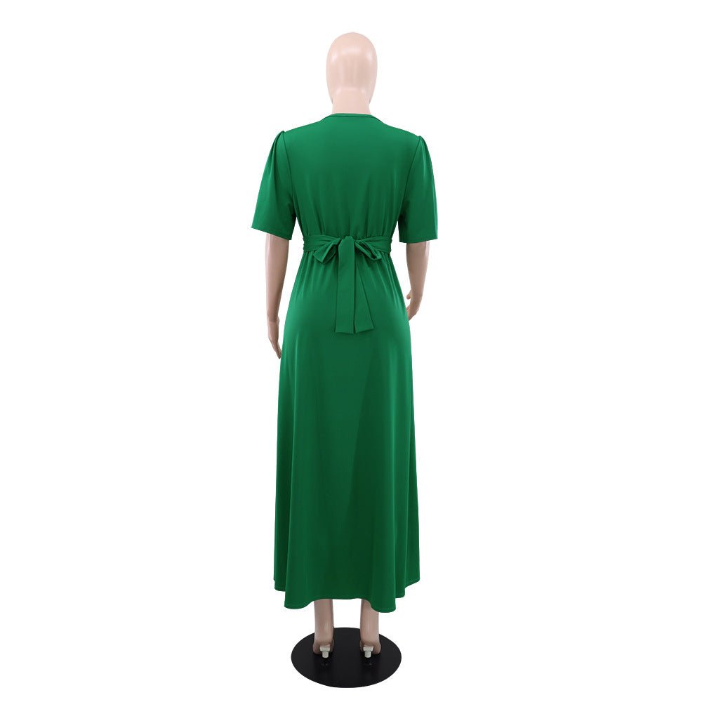 10579 Cross-border European and American High-grade Solid Color Green Round V-neck dress Slimming High Waist Tether Split Sleeve Elegant Long Dress - Cozy & Co. Market