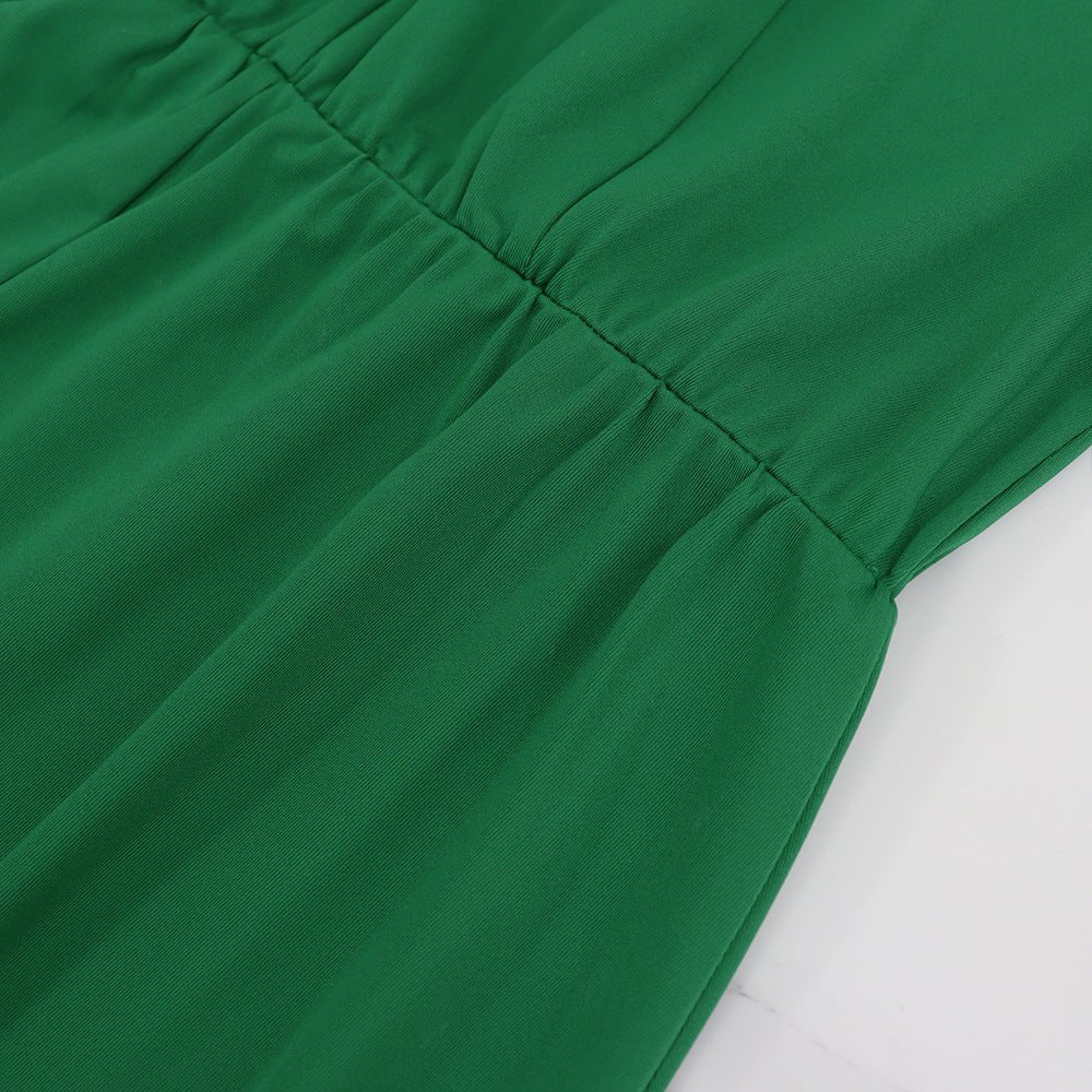 10579 Cross-border European and American High-grade Solid Color Green Round V-neck dress Slimming High Waist Tether Split Sleeve Elegant Long Dress - Cozy & Co. Market