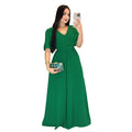10579 Cross-border European and American High-grade Solid Color Green Round V-neck dress Slimming High Waist Tether Split Sleeve Elegant Long Dress - Cozy & Co. Market