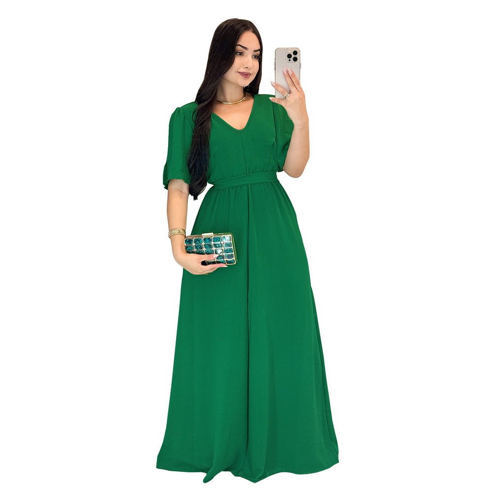 10579 Cross-border European and American High-grade Solid Color Green Round V-neck dress Slimming High Waist Tether Split Sleeve Elegant Long Dress - Cozy & Co. Market