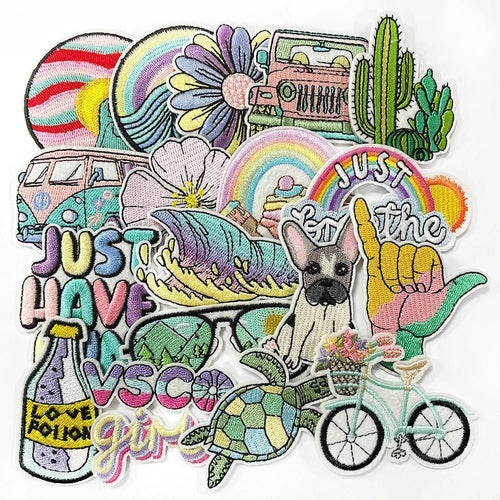 18 Pcs Boho Summer Aesthetic Iron-On Patch with Flower Bike Lettering and Surf Vibes for Festival Bags Jackets Accessories DIY - Cozy & Co. Market