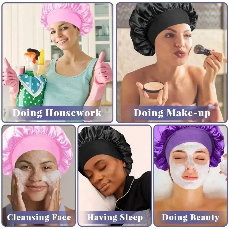1pcs Soft Silk Satin Lined Bonnet Large Satin Hair Bonnet Household Sleep Shower Cap Hair Wrap Cover for Long Hair Salon Tool - Cozy & Co. Market