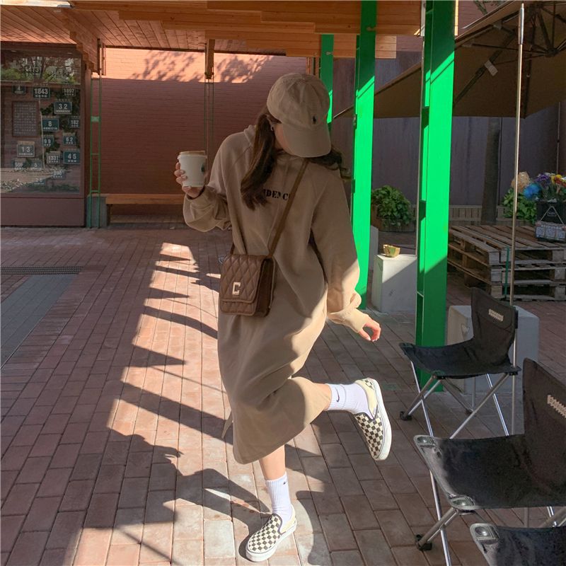 2024 autumn and winter new Korean version of BF wind hem split loose slimming fleece-lined thick knee hooded long skirt - Cozy & Co. Market