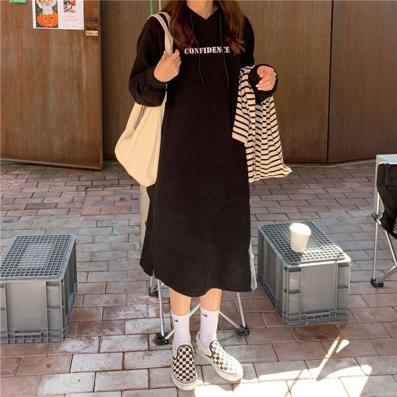 2024 autumn and winter new Korean version of BF wind hem split loose slimming fleece-lined thick knee hooded long skirt - Cozy & Co. Market