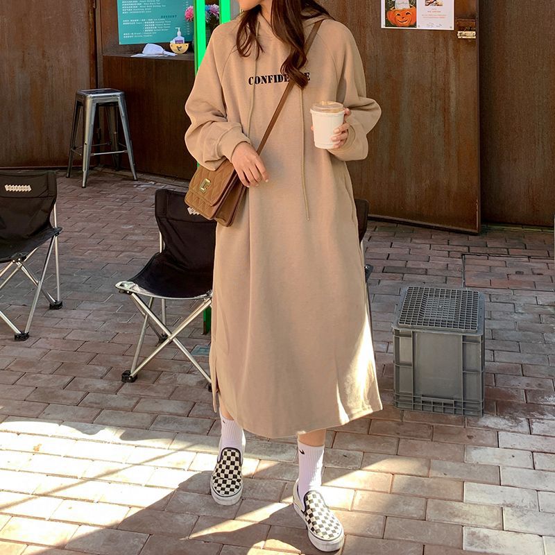 2024 autumn and winter new Korean version of BF wind hem split loose slimming fleece-lined thick knee hooded long skirt - Cozy & Co. Market