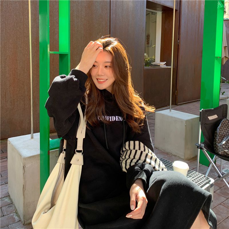 2024 autumn and winter new Korean version of BF wind hem split loose slimming fleece-lined thick knee hooded long skirt - Cozy & Co. Market