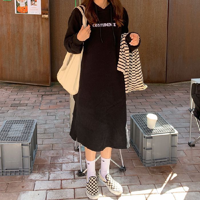 2024 autumn and winter new Korean version of BF wind hem split loose slimming fleece-lined thick knee hooded long skirt - Cozy & Co. Market