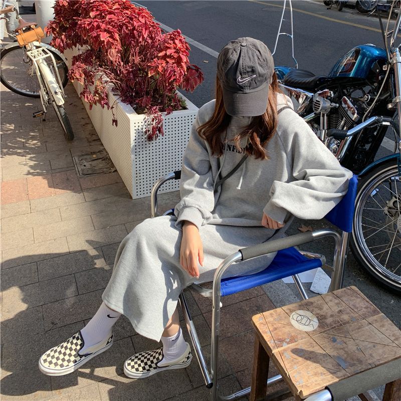 2024 autumn and winter new Korean version of BF wind hem split loose slimming fleece-lined thick knee hooded long skirt - Cozy & Co. Market