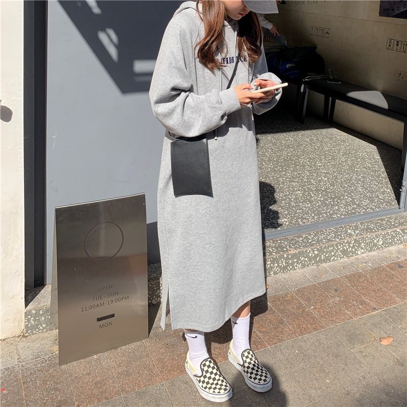 2024 autumn and winter new Korean version of BF wind hem split loose slimming fleece-lined thick knee hooded long skirt - Cozy & Co. Market