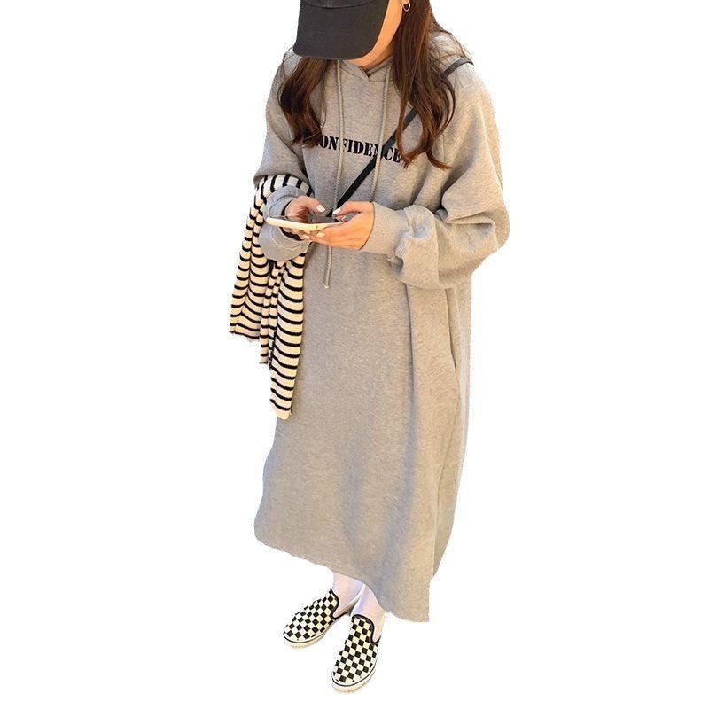 2024 autumn and winter new Korean version of BF wind hem split loose slimming fleece-lined thick knee hooded long skirt - Cozy & Co. Market