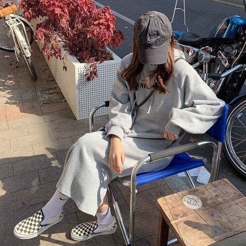 2024 autumn and winter new Korean version of BF wind hem split loose slimming fleece-lined thick knee hooded long skirt - Cozy & Co. Market