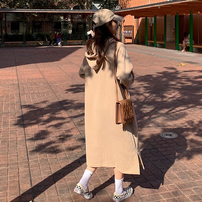 2024 autumn and winter new Korean version of BF wind hem split loose slimming fleece-lined thick knee hooded long skirt - Cozy & Co. Market