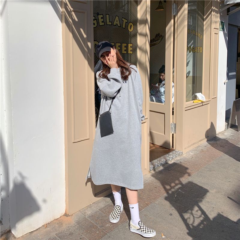 2024 autumn and winter new Korean version of BF wind hem split loose slimming fleece-lined thick knee hooded long skirt - Cozy & Co. Market