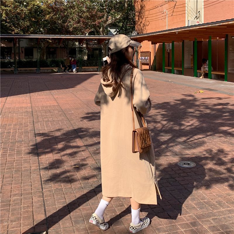 2024 autumn and winter new Korean version of BF wind hem split loose slimming fleece-lined thick knee hooded long skirt - Cozy & Co. Market