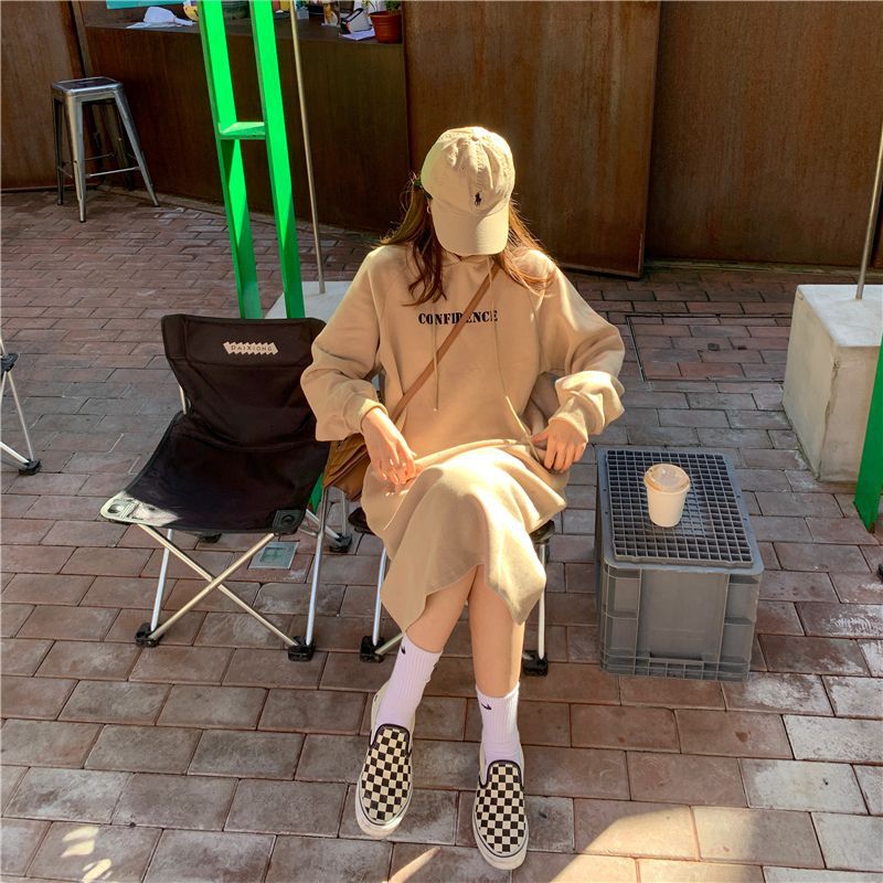 2024 autumn and winter new Korean version of BF wind hem split loose slimming fleece-lined thick knee hooded long skirt - Cozy & Co. Market