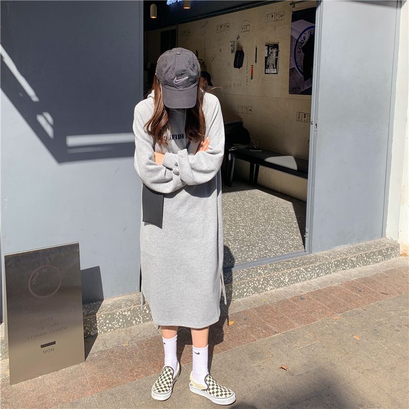 2024 autumn and winter new Korean version of BF wind hem split loose slimming fleece-lined thick knee hooded long skirt - Cozy & Co. Market