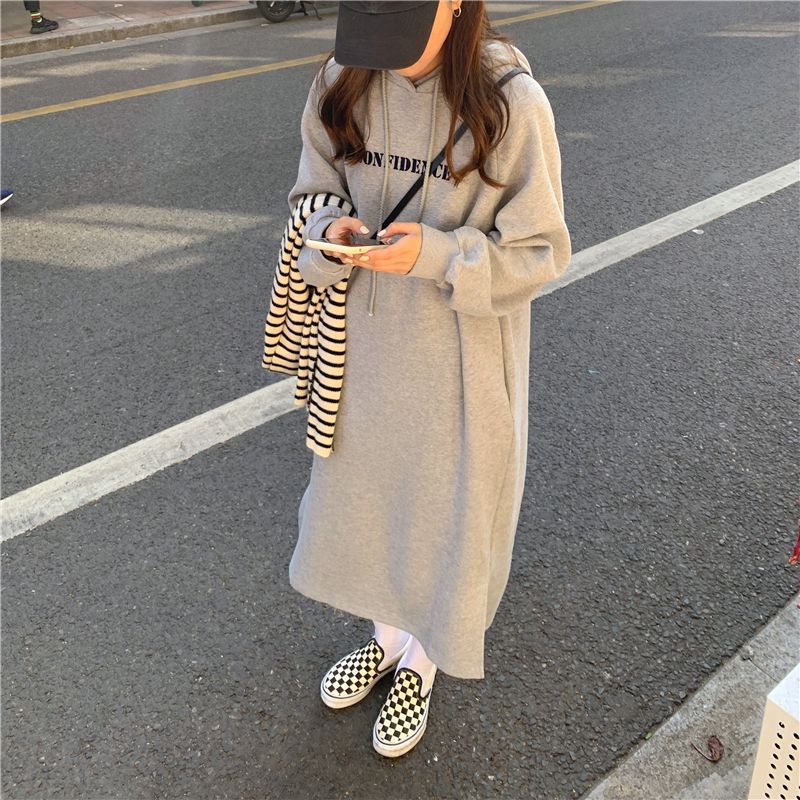 2024 autumn and winter new Korean version of BF wind hem split loose slimming fleece-lined thick knee hooded long skirt - Cozy & Co. Market