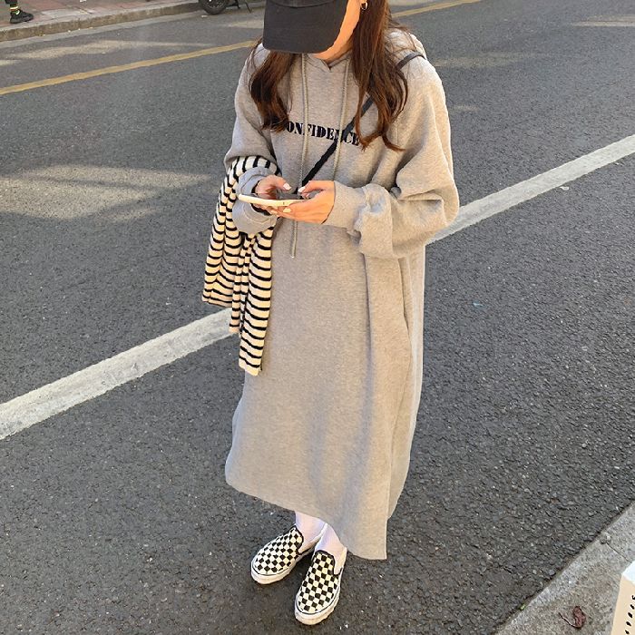 2024 autumn and winter new Korean version of BF wind hem split loose slimming fleece-lined thick knee hooded long skirt - Cozy & Co. Market