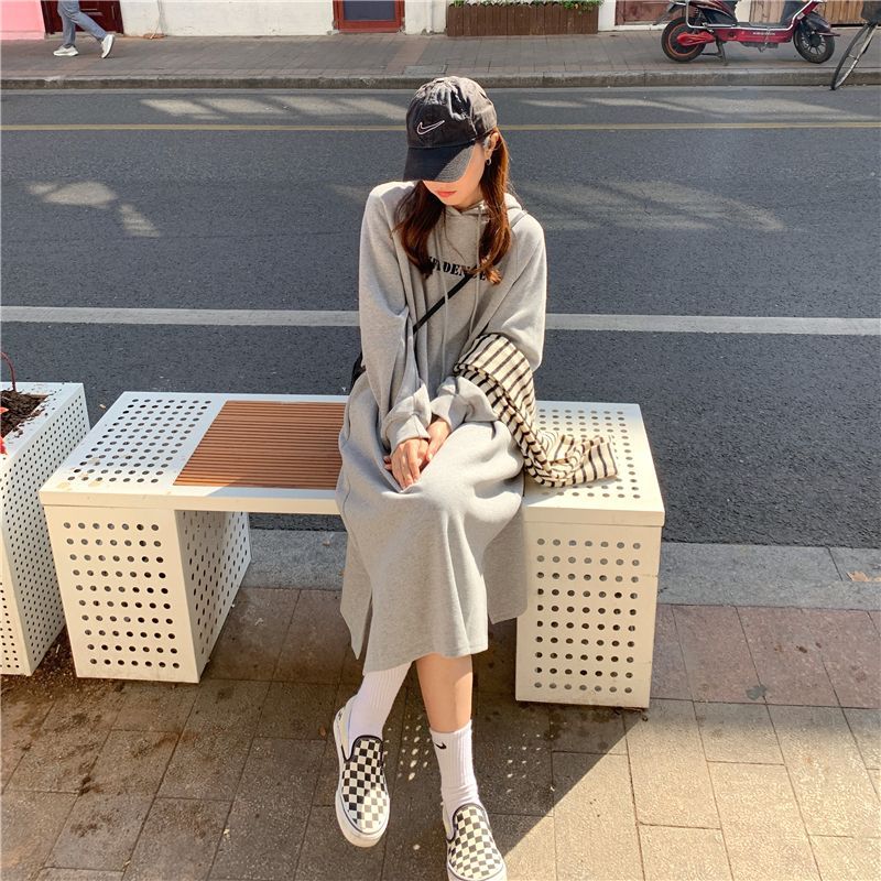 2024 autumn and winter new Korean version of BF wind hem split loose slimming fleece-lined thick knee hooded long skirt - Cozy & Co. Market