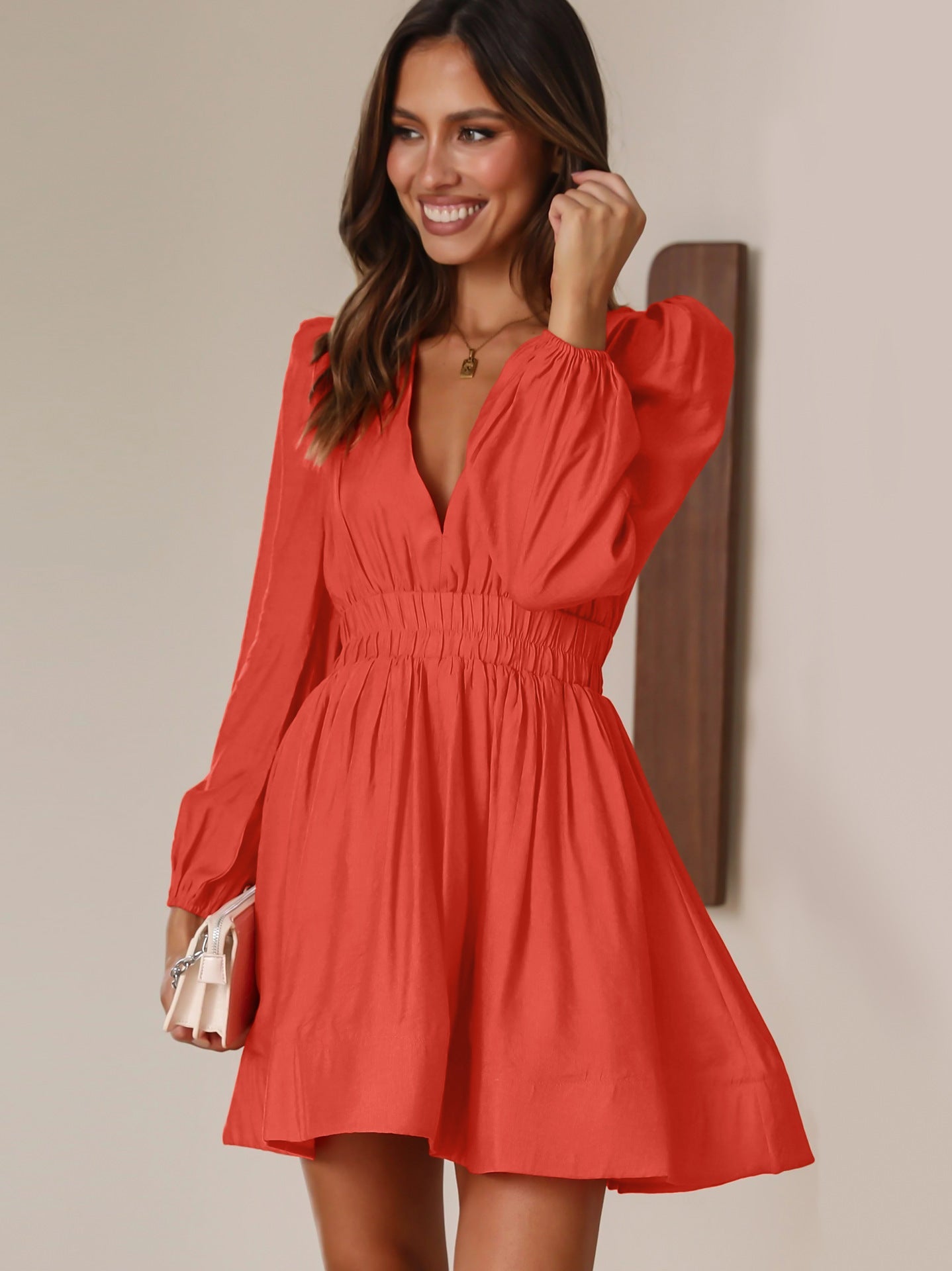 2024 Cross-border Autumn Hot dress European and American Women's V-neck Short Skirt Pleated Skirt JJJ - Cozy & Co. Market