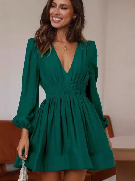 2024 Cross-border Autumn Hot dress European and American Women's V-neck Short Skirt Pleated Skirt JJJ - Cozy & Co. Market