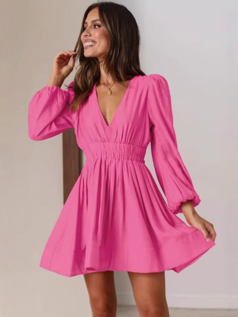 2024 Cross-border Autumn Hot dress European and American Women's V-neck Short Skirt Pleated Skirt JJJ - Cozy & Co. Market