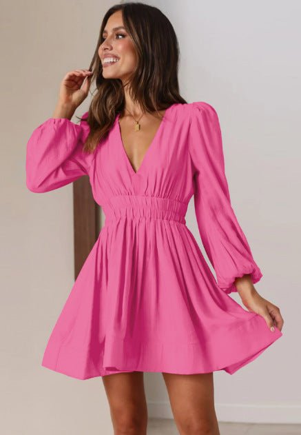 2024 Cross-border Autumn Hot dress European and American Women's V-neck Short Skirt Pleated Skirt JJJ - Cozy & Co. Market