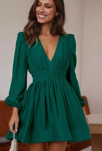 2024 Cross-border Autumn Hot dress European and American Women's V-neck Short Skirt Pleated Skirt JJJ - Cozy & Co. Market
