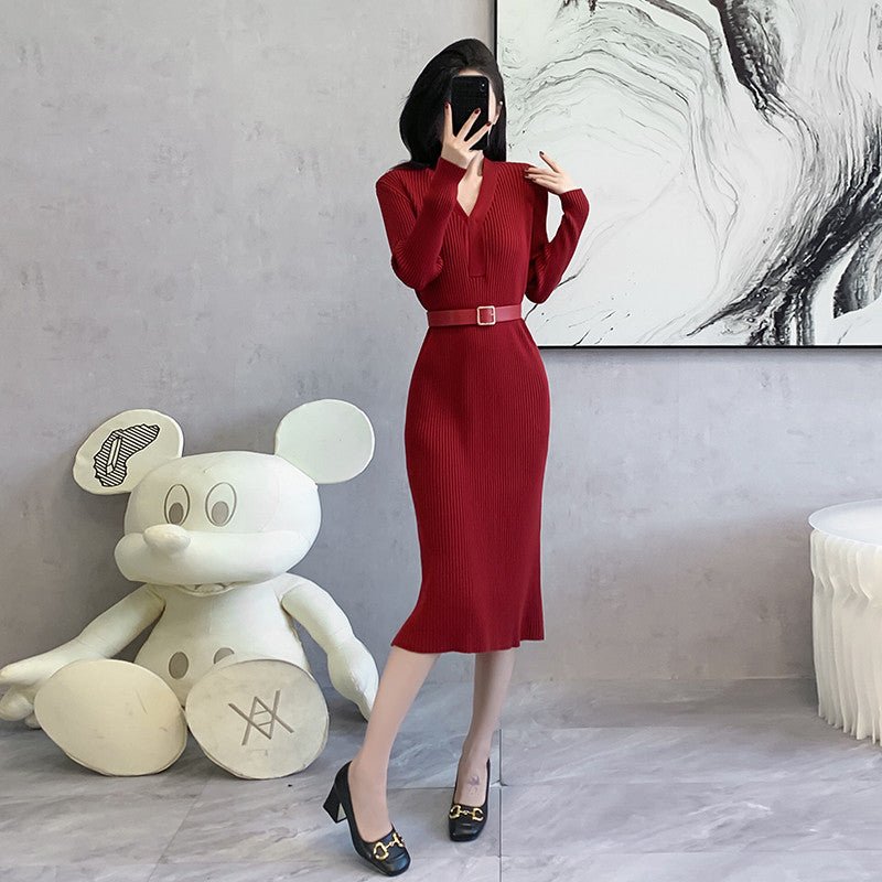 2024 Cross-border Red Knitted dress 2024 New Autumn Elegant High-end Waist Long Dress French Skirt - Cozy & Co. Market