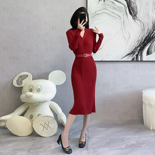 2024 Cross-border Red Knitted dress 2024 New Autumn Elegant High-end Waist Long Dress French Skirt - Cozy & Co. Market
