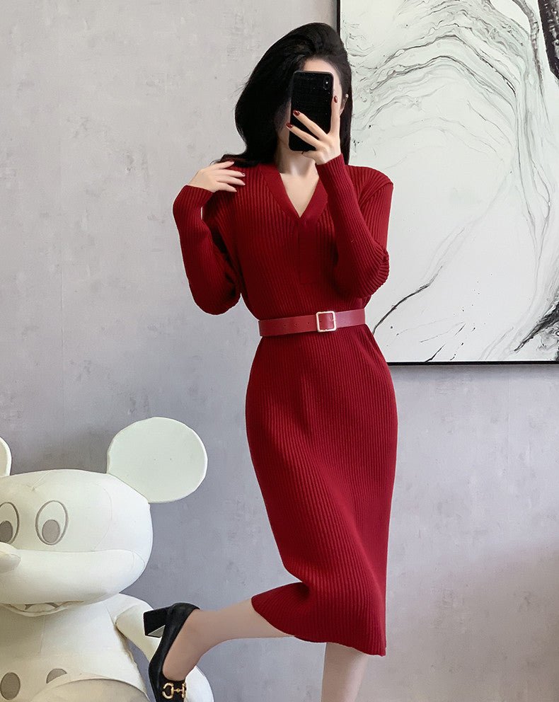 2024 Cross-border Red Knitted dress 2024 New Autumn Elegant High-end Waist Long Dress French Skirt - Cozy & Co. Market