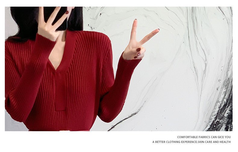 2024 Cross-border Red Knitted dress 2024 New Autumn Elegant High-end Waist Long Dress French Skirt - Cozy & Co. Market