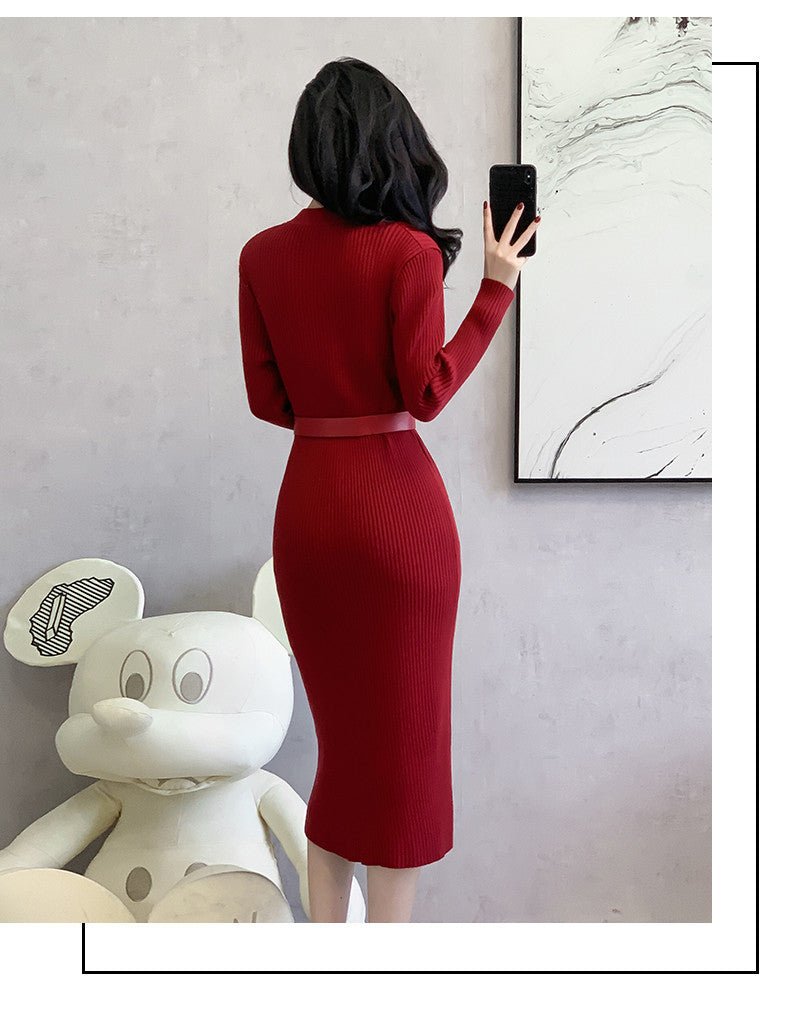2024 Cross-border Red Knitted dress 2024 New Autumn Elegant High-end Waist Long Dress French Skirt - Cozy & Co. Market