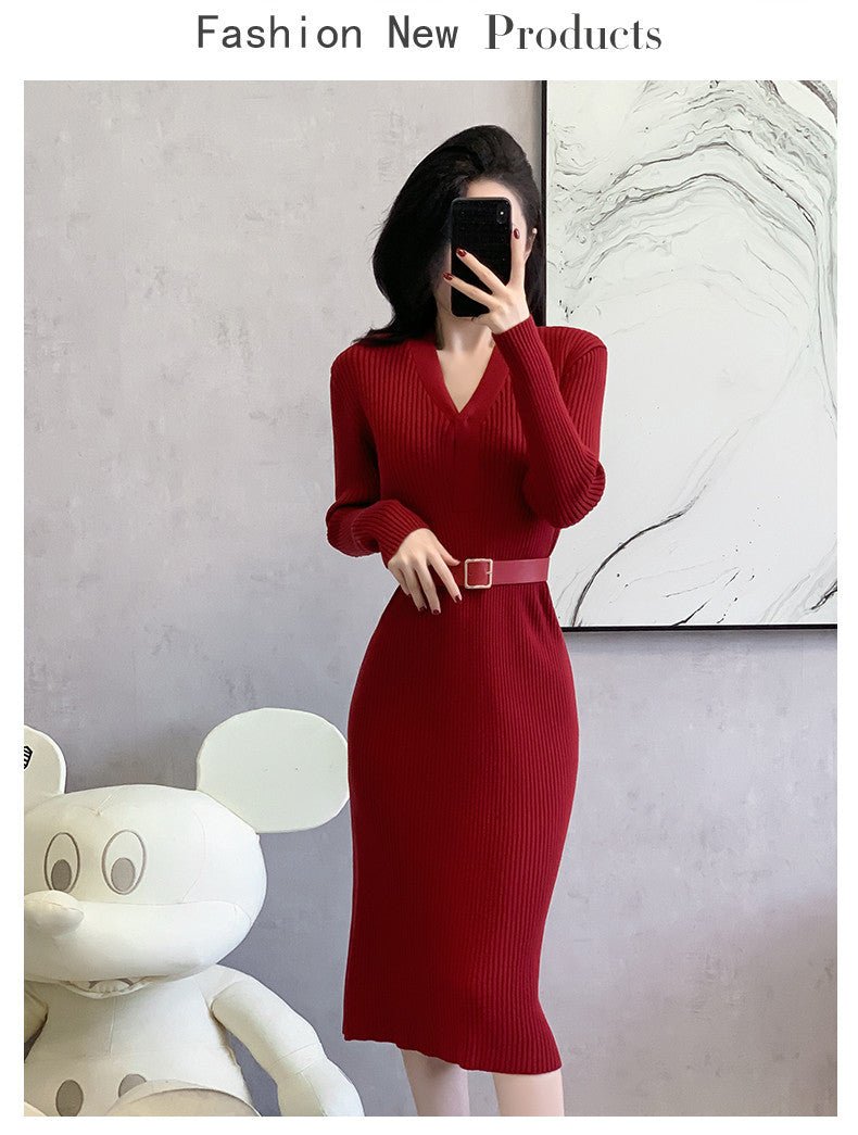 2024 Cross-border Red Knitted dress 2024 New Autumn Elegant High-end Waist Long Dress French Skirt - Cozy & Co. Market