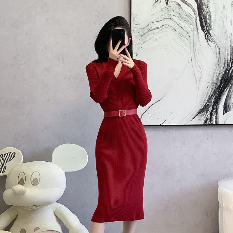 2024 Cross-border Red Knitted dress 2024 New Autumn Elegant High-end Waist Long Dress French Skirt - Cozy & Co. Market