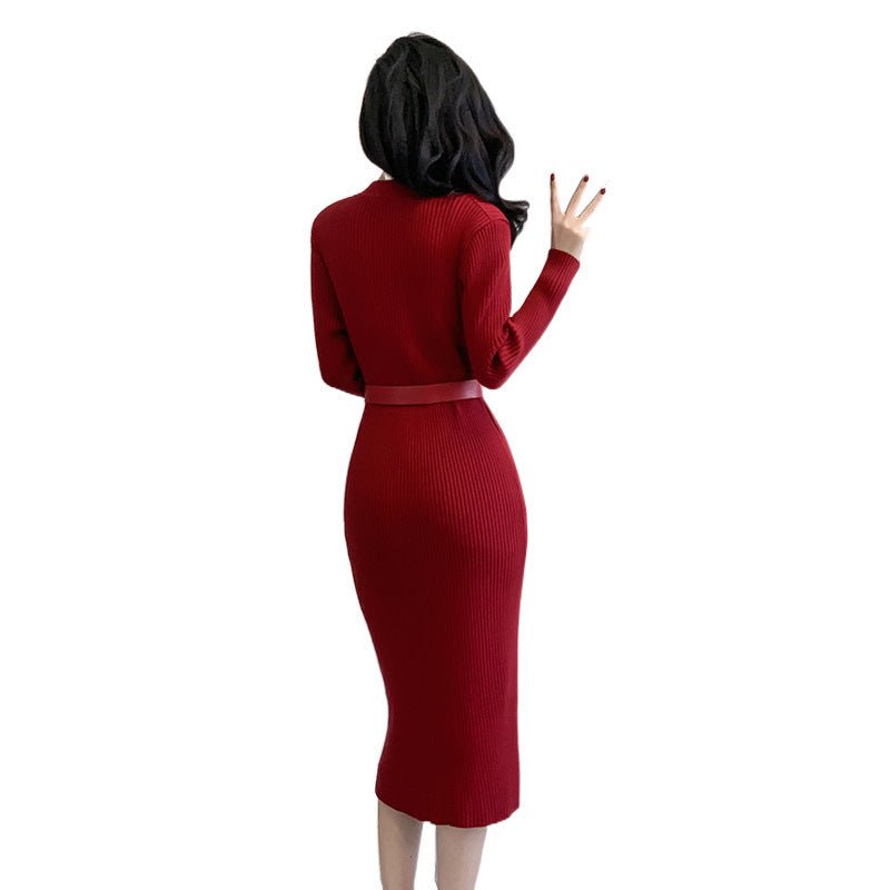2024 Cross-border Red Knitted dress 2024 New Autumn Elegant High-end Waist Long Dress French Skirt - Cozy & Co. Market