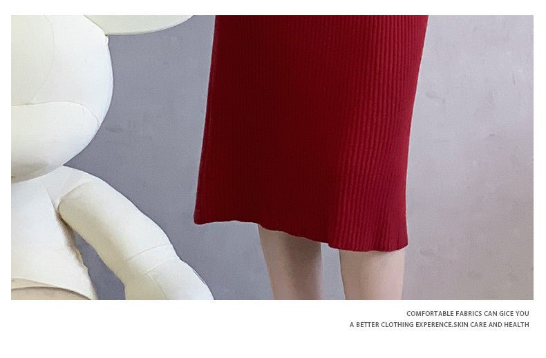 2024 Cross-border Red Knitted dress 2024 New Autumn Elegant High-end Waist Long Dress French Skirt - Cozy & Co. Market