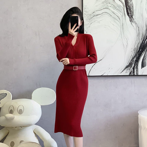 2024 Cross-border Red Knitted dress 2024 New Autumn Elegant High-end Waist Long Dress French Skirt - Cozy & Co. Market