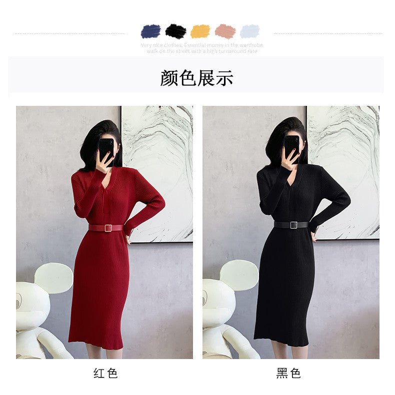 2024 Cross-border Red Knitted dress 2024 New Autumn Elegant High-end Waist Long Dress French Skirt - Cozy & Co. Market