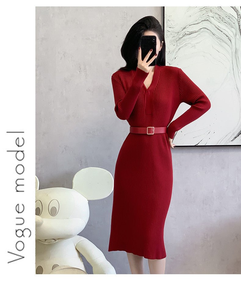2024 Cross-border Red Knitted dress 2024 New Autumn Elegant High-end Waist Long Dress French Skirt - Cozy & Co. Market